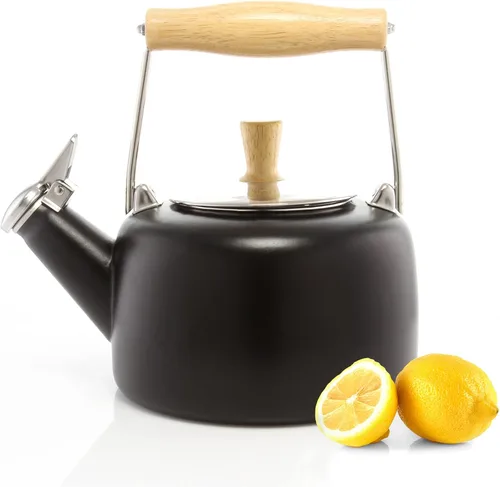 Vista 11 de Chantal SVEN - Tetera silbante esmaltada sobre acero con mango de madera natural, 1.4 cuartos de galón (negro 2)