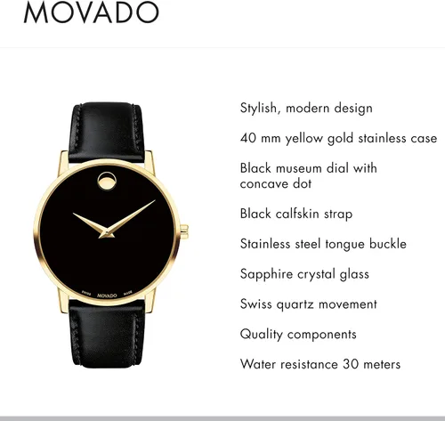 Vista 2 de Movado Reloj de museo de oro amarillo para hombre con esfera de museo de punto cóncavo correa doradanegra modelo 607271 NegroOro Core Museum Classic