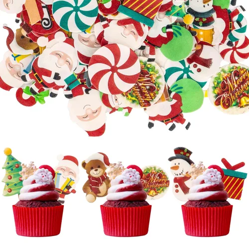 Vista 9 de Gyufise 24 piezas Adornos de pastel para revelación de género de Navidad con purpurina, sombrero navideño de Navidad, adorno de pastel de él o ella