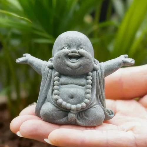 Vista 11 de OwMell Estatua de monje japonés de Jizo, figura de Buda Jizo, estatua conmemorativa del acuario, adorno de flores de hierro