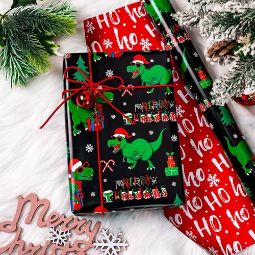 Vista 5 de Homeral Rollo de papel de regalo de Navidad de dinosaurio para niños, dinosaurio negro fresco con decoraciones y letras rojas, envoltura de regalo