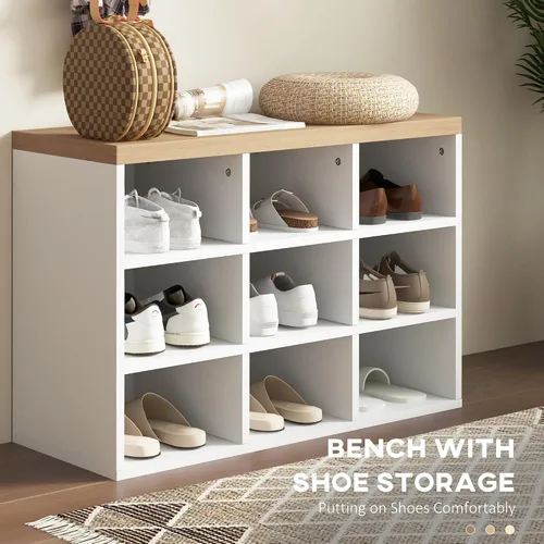 Vista 4 de HOMCOM Juego de banco de zapatos 2 en 1, árbol de pasillo de 5 ganchos con banco y almacenamiento de zapatos para 9 pares de zapatos para entrada