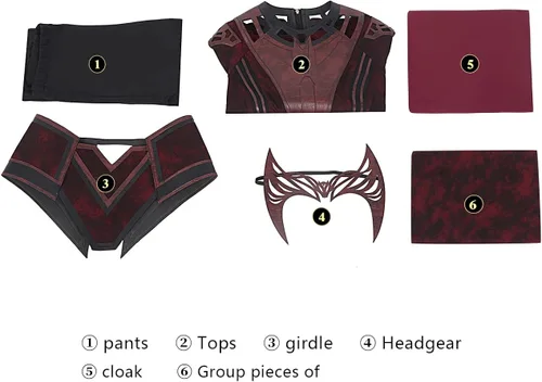Vista 6 de LILLIWEEN Disfraz de Wanda Maximoff conjunto completo de disfraz de escarlata capa roja para Halloween cosplay