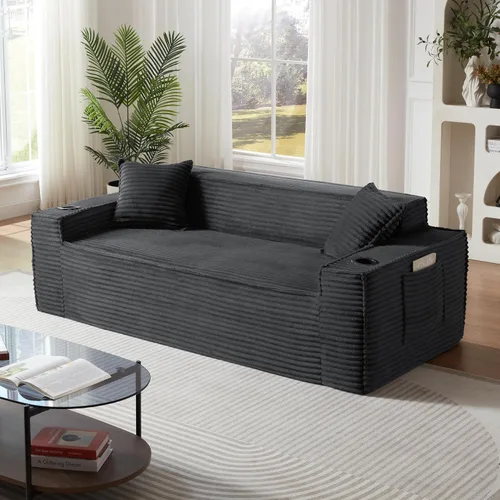Vista 25 de Sofá sin hueso de 66.5 pulgadas con portavasos y bolsillos laterales, sofá biplaza tapizado de tela de pana moderna con 2 almohadas para sala