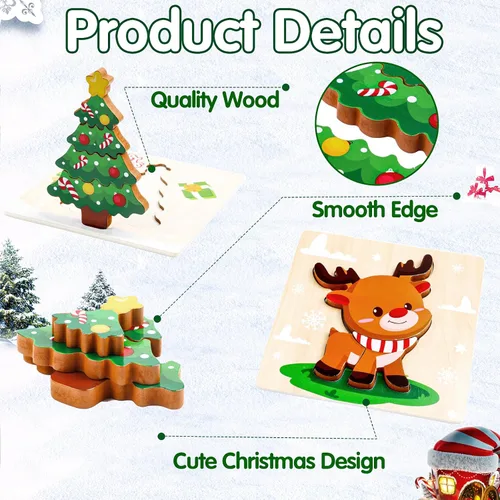 Vista 3 de FOIMAS Rompecabezas de madera de Navidad para niños pequeños, paquete de 4 rompecabezas de madera de Papá Noel, muñeco de nieve, reno, para niños