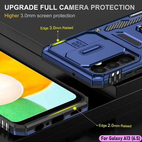 Vista 6 de Funda resistente para Samsung Galaxy A13 (5G), protector híbrido de goma de doble capa de grado militar con protector de cámara deslizante, soporte