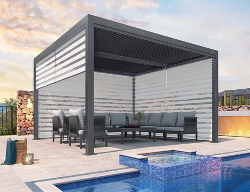 Vista 15 de PURPLE LEAF - Pérgola con listones de 10 x 12 pies, sistema de drenaje 94AS para patio, color gris Premium All-Aluminum Rustproof Build, Modern