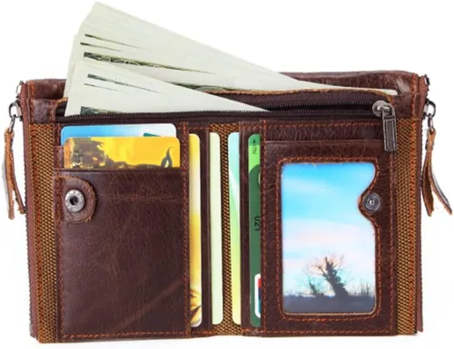 Vista 3 de GHGHF Billetera para hombres y mujeres, cartera larga de cuero encerado, cartera retro multifuncional