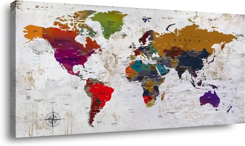 Vista 11 de ZEYDRT Arte de pared del mapa del mundo, pintura en lienzo para oficina, sala de estar, mapa del mundo, arte en lienzo, decoración de pared