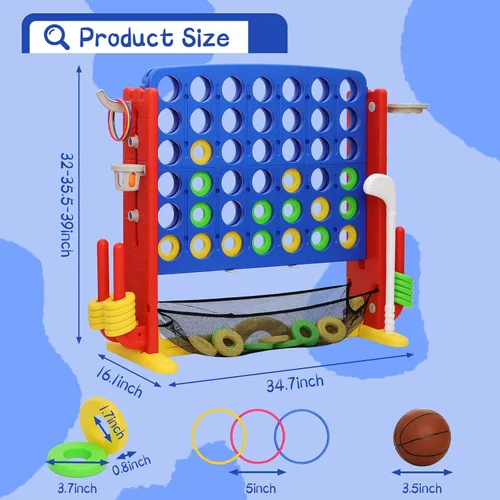 Vista 6 de Juego gigante 4 en una fila, juego de patio jumbo de ajuste de altura para niños y adultos con bolsa de captura de malla, golf, aro de baloncesto