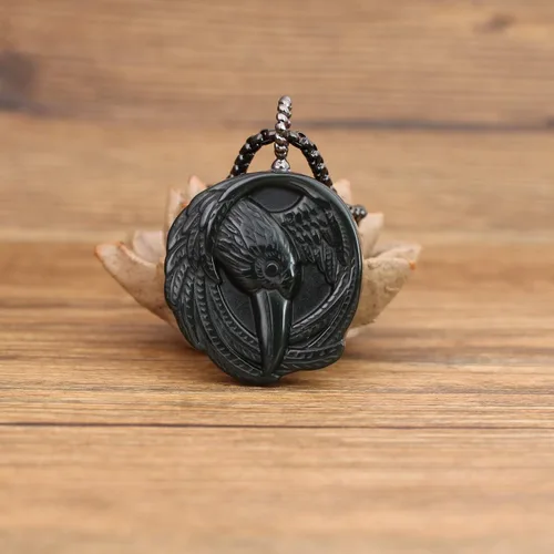 Vista 3 de COAI Collar con colgante de piedra de obsidiana Raven para hombres y mujeres