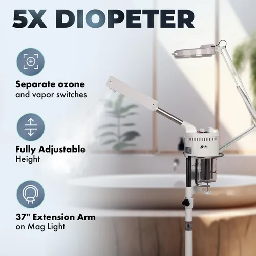 Vista 3 de Buy-Rite - Vaporizador facial Marie Ozone 2 en 1, lámpara de aumento de 5 dioptrías, altura totalmente ajustable, giro de 360 pies, temporizador