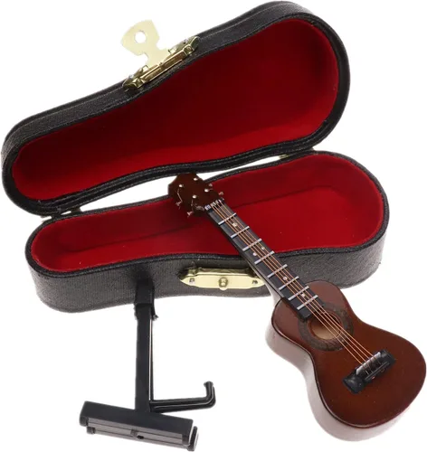 Vista 5 de Ukelele miniatura de madera con soporte y estuche, mini instrumento musical, réplica de ukelele, figuras coleccionables, modelo de decoración
