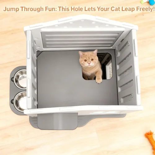 Vista 3 de Casa aislada para gatos al aire libre resistente a la intemperie para gatos múltiples felinos, refugio elevado de plástico de 2 pisos con puerta