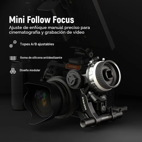 Vista 2 de NEEWER Mini enfoque de seguimiento con paradas A/B, anillo de engranaje de lente, varilla de 0.591 in y abrazadera de varilla para cámara de cine