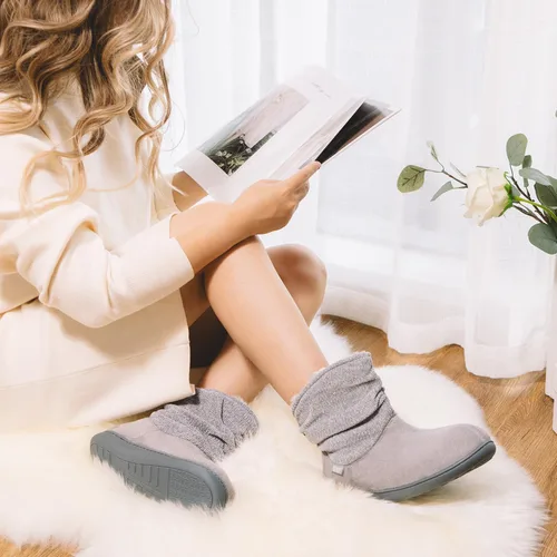 Vista 2 de LongBay Pantuflas de punto de chenilla cálidas para mujer, de espuma viscoelástica, cómodas, de gamuza, esponjosas, de espuma viscoelástica, botas
