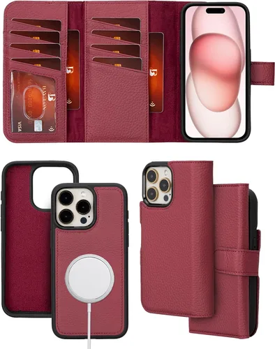 Vista 10 de Bayelon Estuche tipo billetera para iPhone 15 Pro, cartera de cuero desplegable de tres pliegues, cubierta tipo folio magnética desmontable, soporte