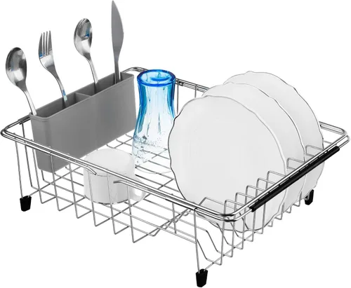 Vista 10 de iPEGTOP - Escurridor de platos expandible multifuncional, sobre el fregadero, en el fregadero o en la encimera, con cesta de escurrido y estante
