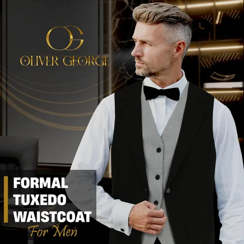 Vista 43 de Oliver George Chaleco formal de esmoquin en capas para hombre, chaleco de traje de negocios