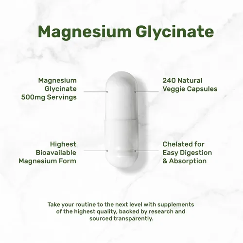 Vista 3 de Deal Supplement Glicinato de magnesio 500 mg, 240 cápsulas vegetales 100% quelado para una fácil absorción Suplemento mineral esencial Sin