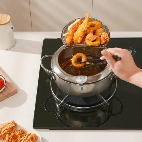 Vista 3 de Prodent Olla para freidora, olla de acero inoxidable de 3.4 L, con termómetro, olla de tempura con tapa de rejilla de goteo de aceite, freidora