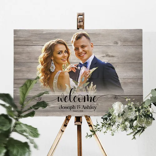 Vista 2 de Letrero de bienvenida de madera rústica Retrato personalizado de la foto Regalo de boda y decoración