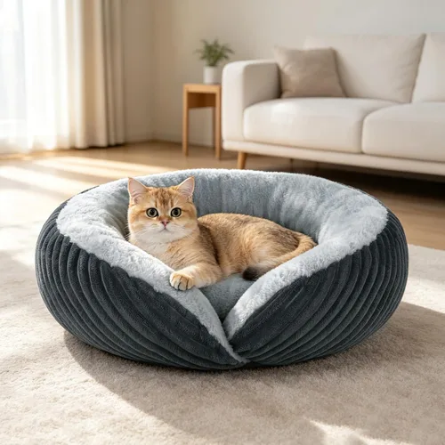 Vista 16 de Tovve Cama para gatos en interiores, sofá cama redonda lavable para gatitos Crema