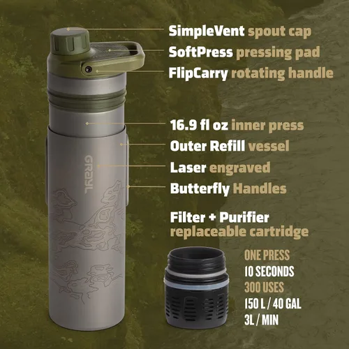 Vista 8 de GRAYL UltraPress Titanium - Purificador y filtro de agua de 16.9 oz para senderismo, mochilero, supervivencia, bushcraft, viajes (Olive Drab)