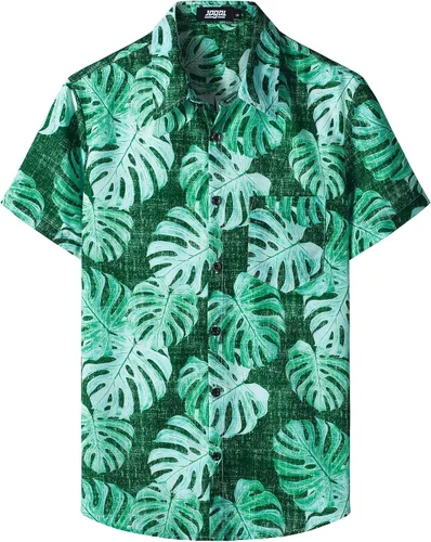 Vista 16 de JOGAL - Camisa hawaiana floral para hombre con bolsillo frontal, estilo Aloha casual Verde Aqua