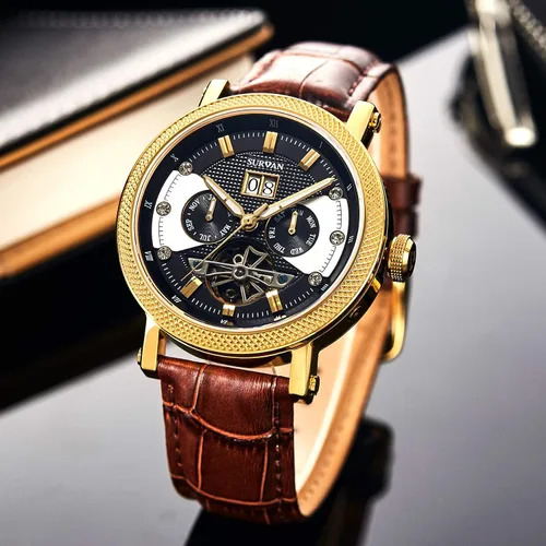 Vista 4 de Relojes automáticos para hombres, relojes de esqueleto de cristal de zafiro para hombres, reloj mecánico de cuerda automática, correa de cuero