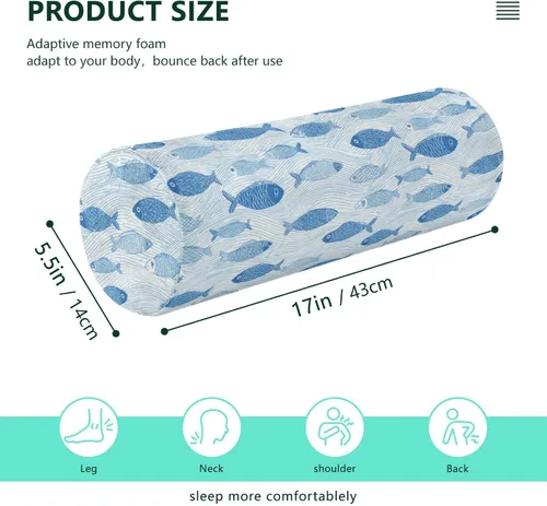Vista 3 de Gredecor Neck Roll Pillow for Sleep, Blue Fish on White (6) Cervical Memory Foam Pillows Cylinder Bolster Pillow, Pain Relief Neck Pillows