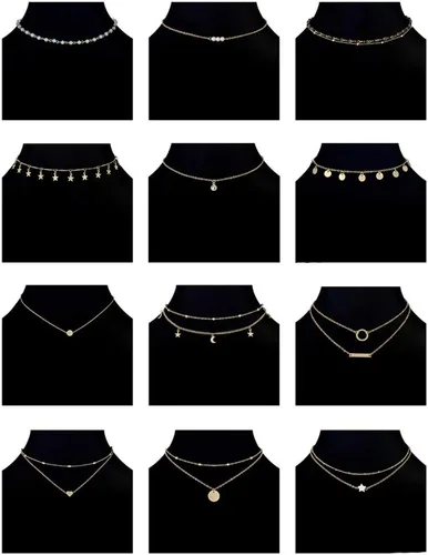 Vista 7 de 12 piezas Collar de Cadena con Cuentas Doradas Moneda Luna Estrella Colgante de Perla Cadena Gargantilla Collar Multicapa Cordón de Cuero Conjunto