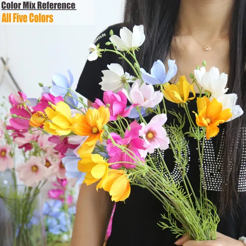 Vista 6 de Cosmos artificiales de flores silvestres, 6 piezas de tallo largo para boda, novia, bricolaje, ramo de decoración del hogar, centros de mesa (azul)