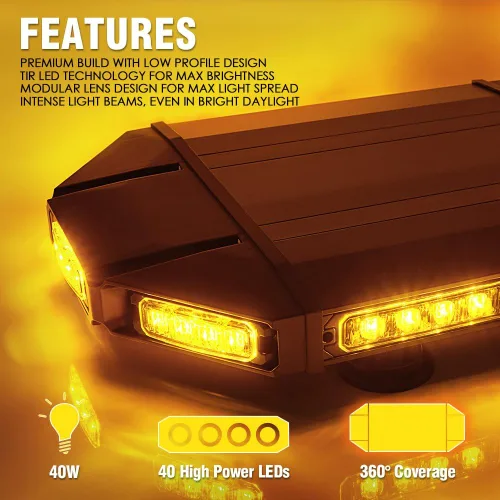 Vista 2 de Xprite - Barra de luz estroboscópica LED de 18" ámbar para techo, luces estroboscópicas de montaje magnético para camiones, baliza de advertencia