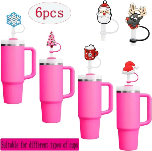 Vista 7 de Juego de 6 tapas de pajilla, tapa de paja de silicona para vasos con asa, tapa de Navidad con protector de tapones a prueba de polvo de 0.394