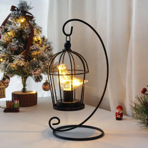 Vista 2 de JHY DESIGN Lámpara decorativa con forma de jaula para pájaros, funciona con pilas, de 13" de alto, luz de acento inalámbrica con luces de hadas
