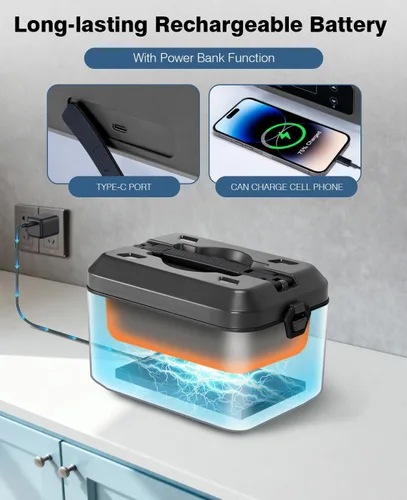 Vista 6 de Fiambrera eléctrica inalámbrica para adultos, lonchera calentada a pilas con calefacción de 5 lados, calentador de alimentos portátil con recipiente