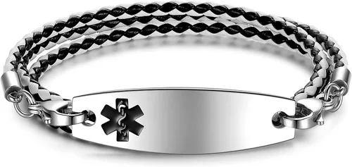 Vista 14 de JF.JEWELRY Pulseras de alerta médica personalizadas personalizadas para mujeres y hombres 3 capas de cuero trenzado negro pulseras médicas
