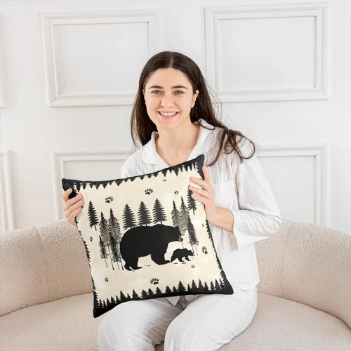 Vista 4 de Cartoon Bear Pillow Cover Cute Wild Animal Paw Print Cushion Cover for Kids Boys Girls Teens Jungle Pine Trees Silhouette Cabin Pillow Case for