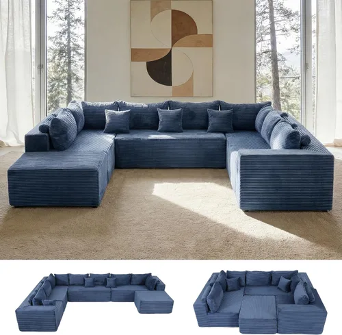 Vista 10 de Sofá modular modular con otomana, sofá modular de 5 plazas, sofá tipo nube con tela de pana, no requiere montaje para sala de estar grande