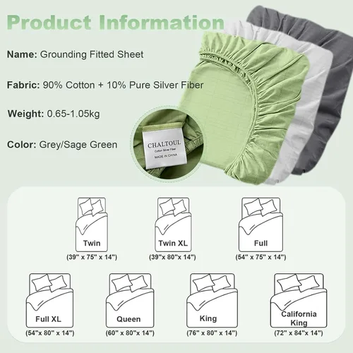 Vista 6 de Sábanas de conexión a tierra tamaño individual Premium de algodón para terapia de sueño saludable, sábanas ajustadas de bolsillo profundo con cable
