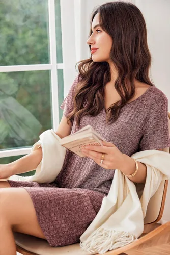Vista 4 de Ekouaer Camisón de punto acanalado para mujer, camisón de manga corta con cuello en V