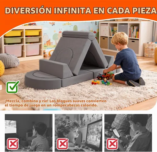 Vista 3 de Fvkind Sofá modular de juego para niños, 16 piezas, sofá de construcción para sala de juegos y dormitorio, sofá modular de juegos para niños y gris