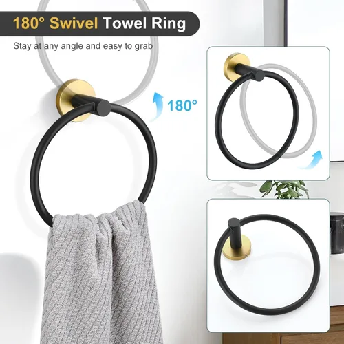 Vista 5 de TQKAG Juego de accesorios de baño negro y dorado de 5 piezas, juego de toalleros redondos de acero inoxidable de 23.6 pulgadas para baño montado