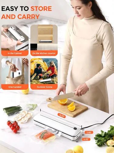 Vista 4 de Máquina selladora al vacío de 75 KPa para alimentos con modos seco/húmedo 6 en 1 y temporizador digital, diseño compacto y ligero, cortador