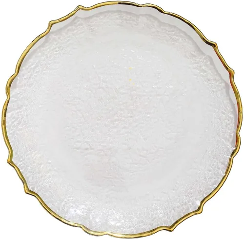 Vista 7 de Efavormart - Paquete de 8 platos de vidrio transparente de 13 pulgadas con borde festoneado dorado metálico; placas inferiores festoneadas