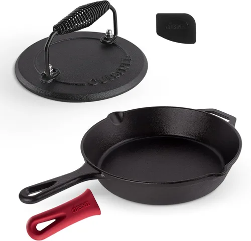 Vista 34 de Cuisinel Sartén de hierro fundido de 15" + tapa de vidrio + raspador de sartén negro + cubierta de agarre de mango de silicona - Utensilios