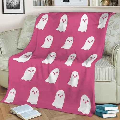Vista 5 de Bonita manta de fantasma rosa de Halloween, decoración de habitación, manta estética para sofá cama, sofá, manta reversible de franela súper suave