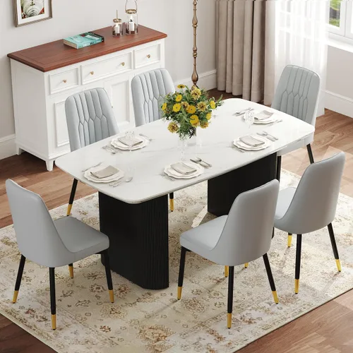 Vista 13 de Juego de mesa de comedor blanco Ebullient para 4, juego de mesa de comedor ovalada de mármol de 67' con 4 sillas de metal, parte superior de grano