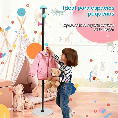 Vista 6 de Perchero independiente de metal resistente para niños, 7 ganchos redondos de hongos y base de cuarzo de mármol resistente, bolsa de ropa colgante